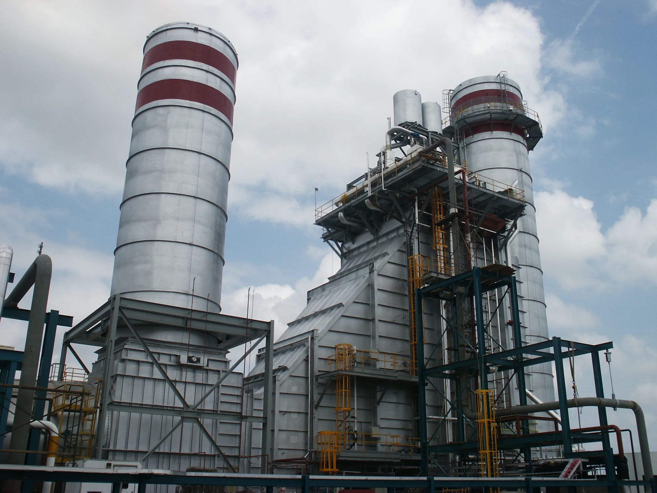 Flue gas silencers at a fuel power plant.