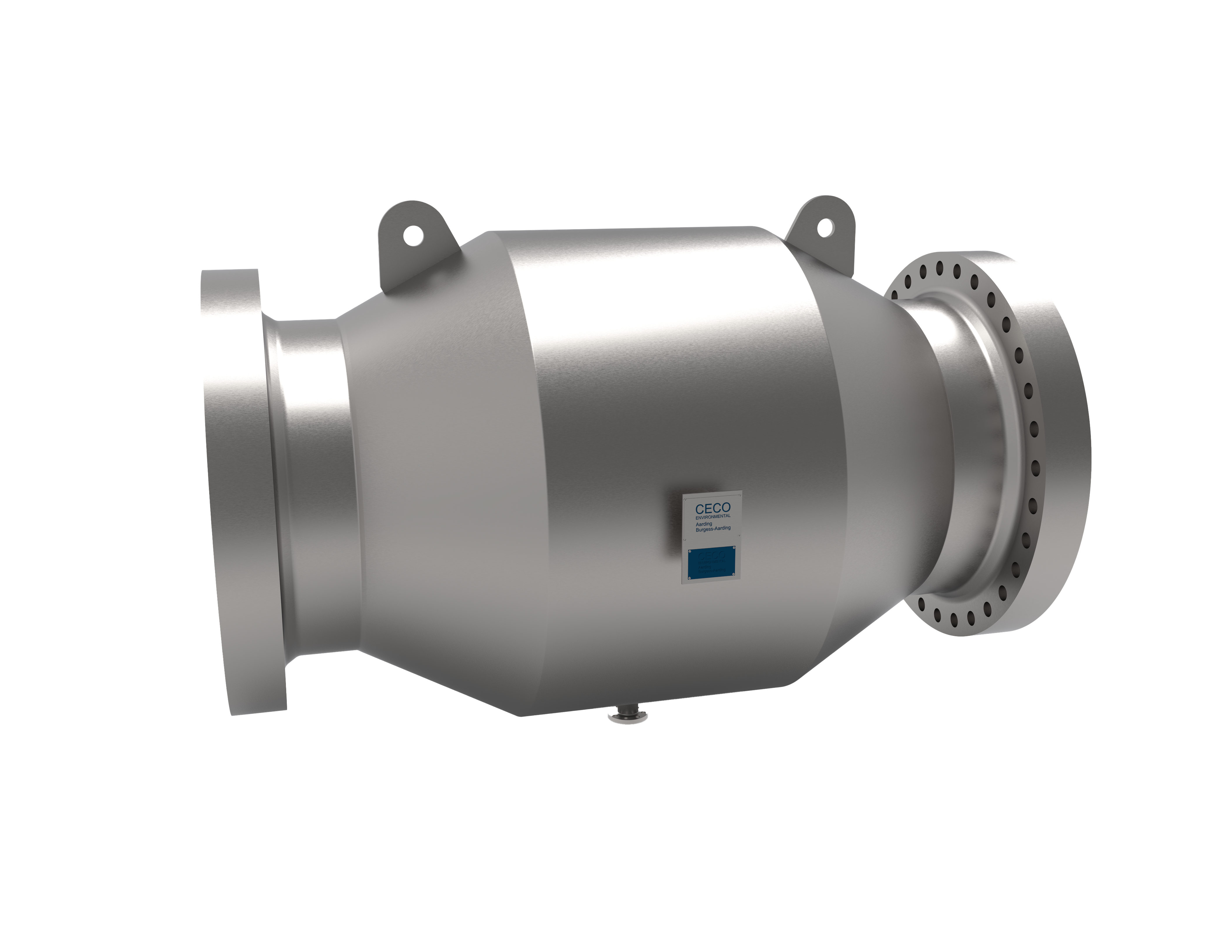 Rendering of the Burgess Manning Inline Silencer showing the silver, cylindrical shape of the silencer.