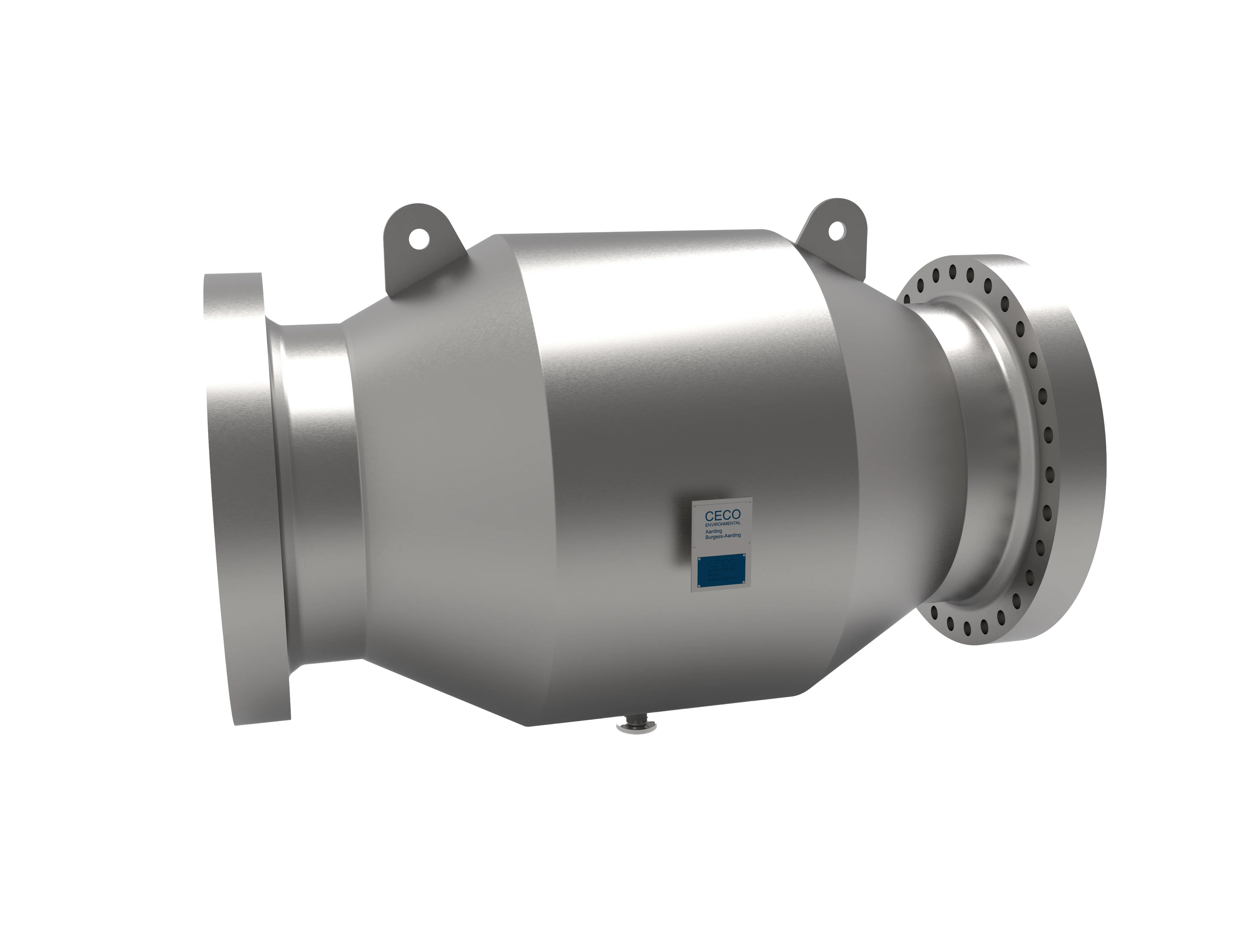 Rendering of the Burgess Manning Inline Silencer showing the silver, cylindrical shape of the silencer.
