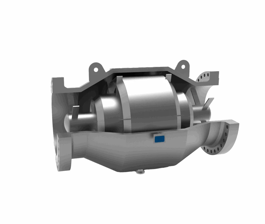 Rendering of the Burgess Manning Inline Silencer showing the interior of the silencer.