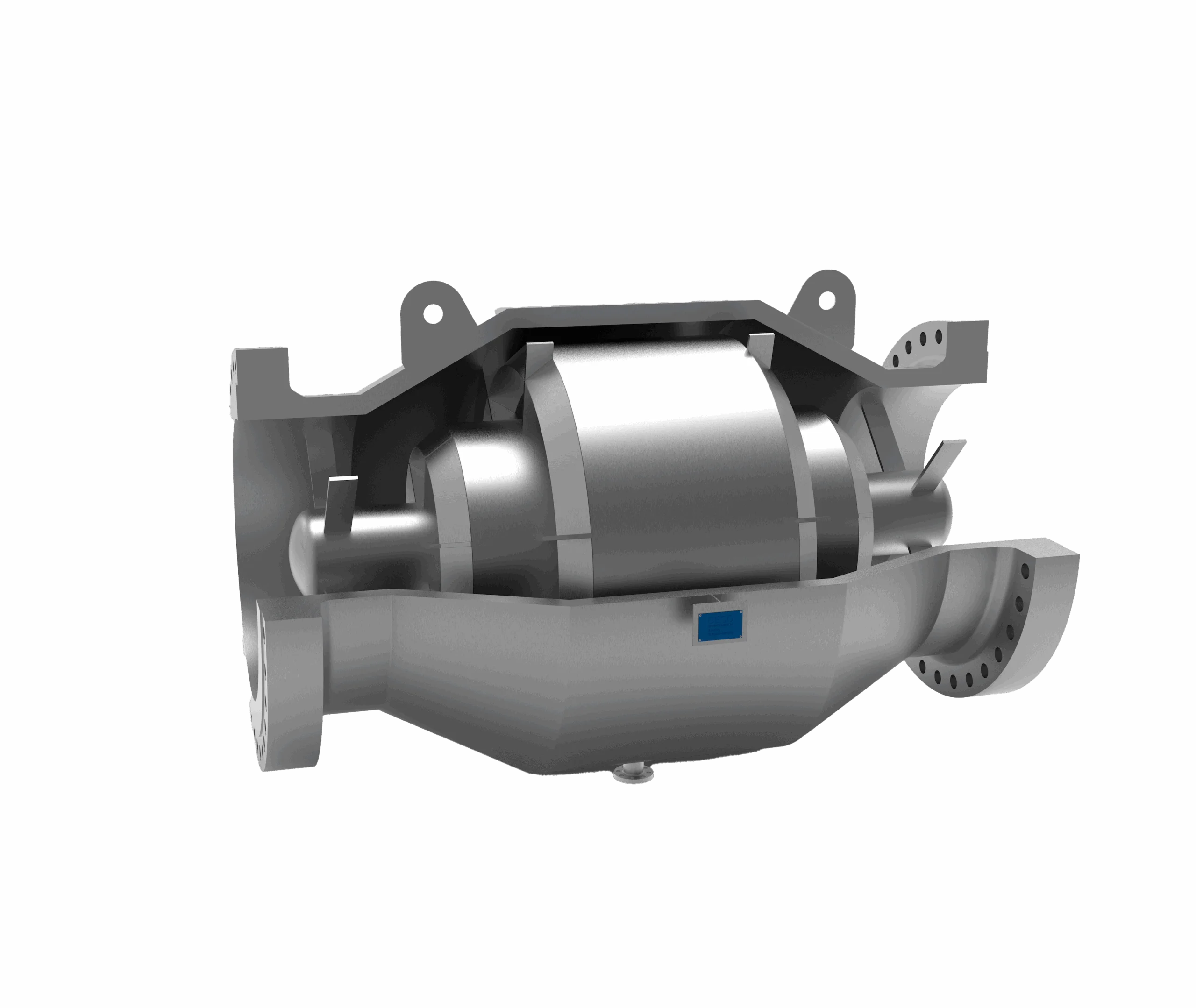 Rendering of the Burgess Manning Inline Silencer showing the interior of the silencer.