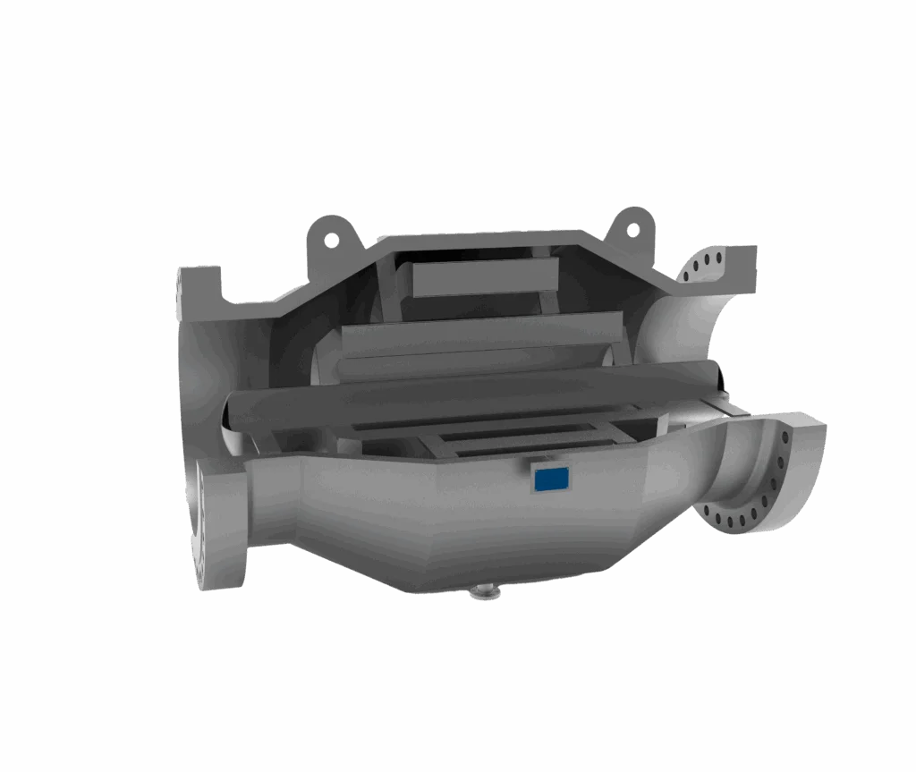 Rendering of the Burgess Manning Inline Silencer showing the interior of the silencer.